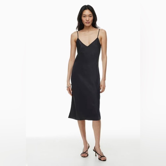 WILFRED Black Satin Slip Dress V Neck Thin Strap Midi - Picture 1 of 5